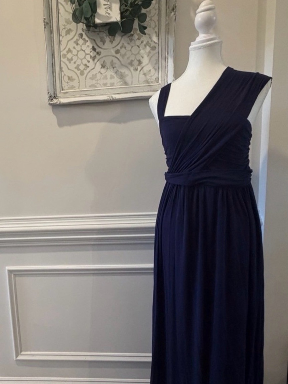 Navy Blue Maternity Maxi Dress with Draped Waist